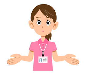 半袖のポロシャツ姿でネームタグを身に着けた女性スタッフの諦めの仕草
