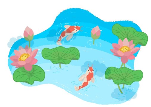 Painting of a koi fish pond in a lotus pond