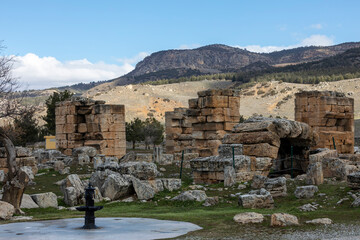 colonnade on the main street of ancient ruined city Hierapolis in Turkey