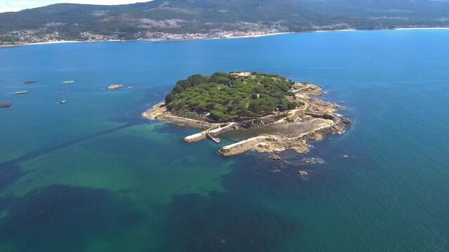 Aerial View Of Illa De Creba in Ria Muros y Noya Galicia Spain. Dolly Back