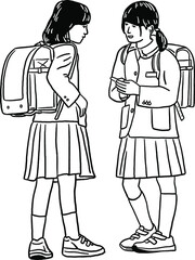 Fototapeta na wymiar Japanese Girls in School uniform Student People Hand drawn line art Illustration