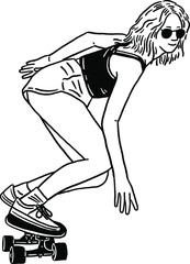 Young woman riding skateboard outdoor Sport Hand drawn line art illustration 