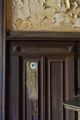 Close-up, detailed texture. Dark wood wall panel, english panel, wainscot, boiserie panels