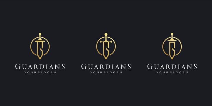 Set Monogram Luxury Gold Initials Letter S with Sword Golden Kingdom Vector Logo Design