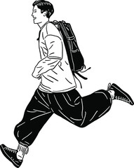 Man running with Backpack Hipster People street wear Hand drawn line art Illustration