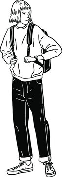 recommend clip art: Young Woman with Backpack People casual lifestyle Campus student Hand drawn line art illustration