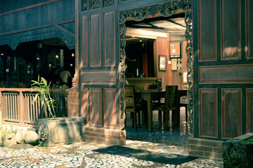 One corner of the restaurant of a hotel in Ungaran, Semarang, Indonesia, with an ancient Javanese architectural style.