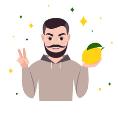 young smiling man holds a lemon in his hand. vector.