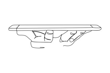 Single continuous line drawing of hand holding phone or smartphone. Modern simple line draw design. Vector illustration minimalism design smart mobile technology theme.