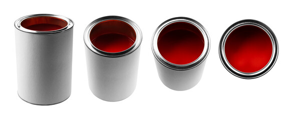 A jar with red paint in different angles on a white background
