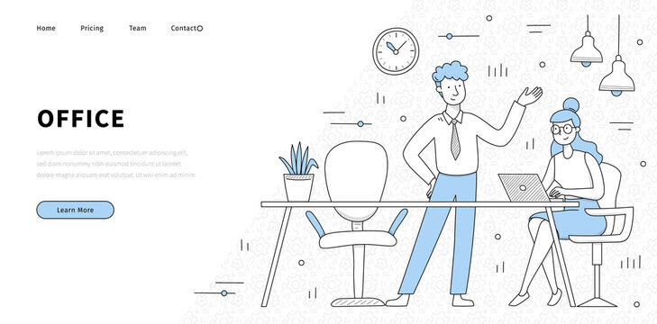 Office banner with people work together in room with table, lamps, chairs and clock. Vector landing page of workplace, coworking or open space office with doodle employees at desk with laptop