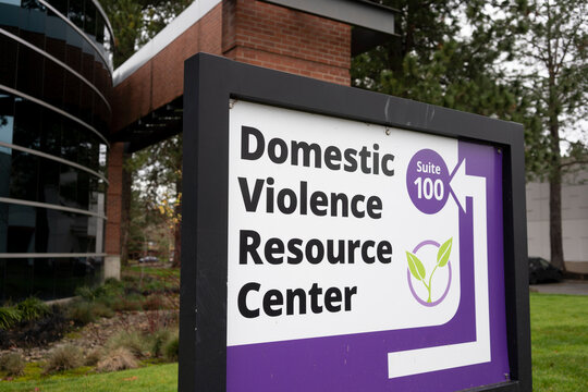 Beaverton, OR, USA - Jan 21, 2022: The directional sign outside the Domestic Violence Resource Center in Beaverton, Oregon.