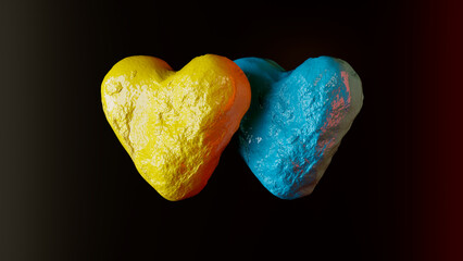 Two volumetric hearts in the colors of the Ukrainian flag on a dark background, a war metaphor, a symbol or a sign. 3d rendering
