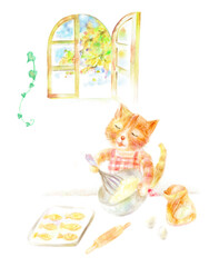 お菓子を作る猫　手描き
