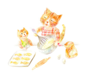 お菓子を作る猫　手描き