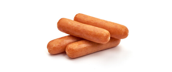 Boiled chicken sausages, isolated on white background.