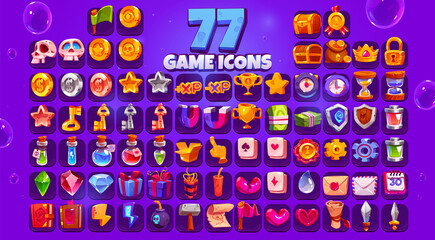 Game icons big set, cartoon skull, coin, star, xp and gold cup, clock, chest, medal or money sack. Crown, lock, key, magnet or shield, witch potion, gift box, crystal and parchment Vector ui elements © klyaksun