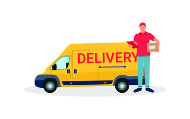 Online delivery concept, online order tracking, home, and office delivery. Van and courier vector illustration