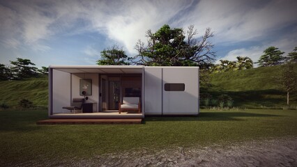 front elevation Relocatable mobile portable buildings used for vacation on anyplace like beach, forest ot lake. 3d rendering - obrazy, fototapety, plakaty