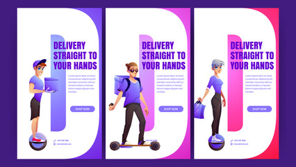 Delivery posters with people on electric unicycle and skate. Vector vertical banners of deliver service with cartoon couriers with box, backpack and bags ride on skateboard and monowheel © klyaksun