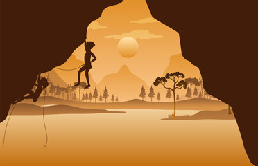 Naklejka premium Flat silhouette rock climbing in nature background