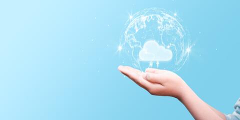 hand holding icon cloud computing network and icon connection data information in hand. Cloud computing and technology concept