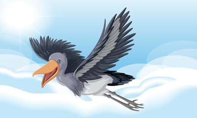 Shoebill stork flying in the sky