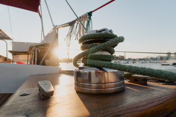 Sheet winch on the deck of a sailing yacht