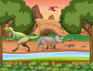 Scene with dinosaurs in the forest