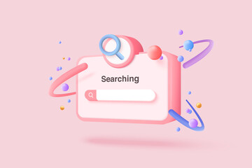 3D minimal search bar or magnifying glass in blank search bar on pink background. Search bar design element on web browser. 3d vector magnifier render for UI illustration in pastel background - obrazy, fototapety, plakaty