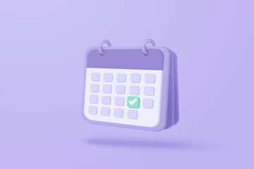 3d calendar marked date for important day in purple background. Calendar with mark for schedule appointment, event day, holiday planning concept 3d vector render isolated pastel background - obrazy, fototapety, plakaty
