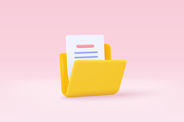 3d folder and paper for management file, document efficient work on project plan concept. Document cartoon style minimal folder with files icon. 3d vector render on isolated pink pastel background - obrazy, fototapety, plakaty