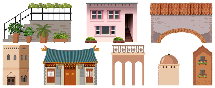 Different designs of buildings on white background