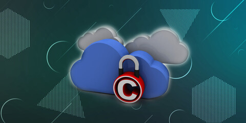 
3d illustration copyright symbol lock with cloud computing