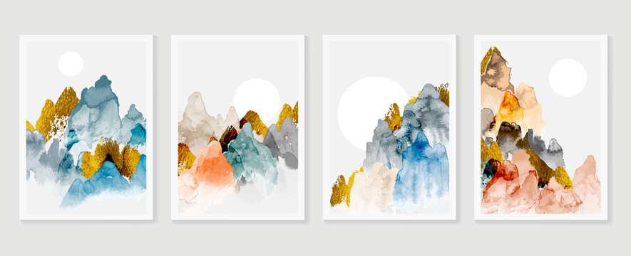 Elegant watercolor landscape wall art template. Abstract colorful wallpaper with mountains, hills, gold shade and sun. Luxury nature design for background, home decor, interior, banner, and prints.