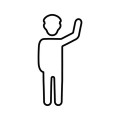 Male figure, hand up line icon. Outline vector.