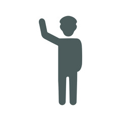 Male figure, hand up icon. Gray vector graphics.