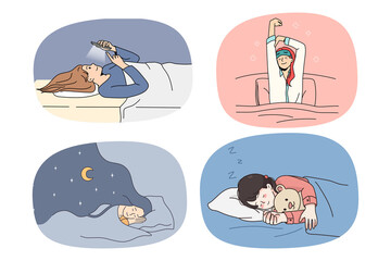 Set of young women in pyjama relax sleeping in cozy comfy bed at night. Collection of happy girl rest take nap daydream in bedroom at home. Fatigue and relaxation. Vector illustration. 