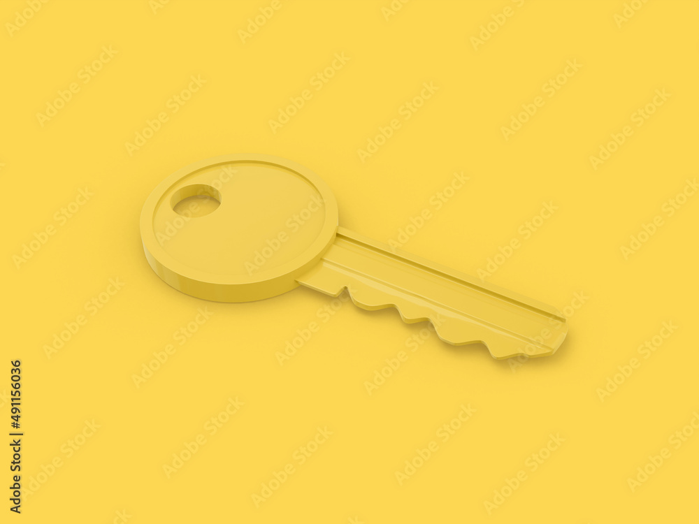Poster yellow one color key on surface on yellow flat background. minimalistic design object. 3d rendering 