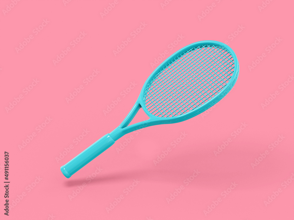 Poster blue one color tennis racket on pink flat background. minimalistic design object. 3d rendering icon 