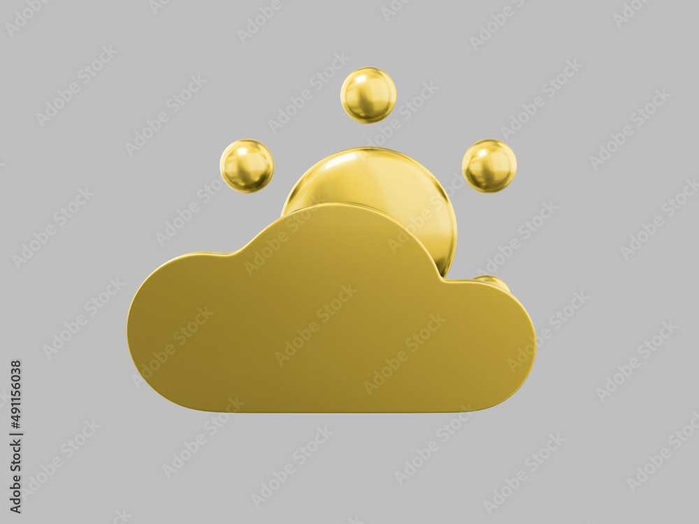 Poster golden single color cartoon sun behind cloud front view on gray monochrome background. minimalistic 