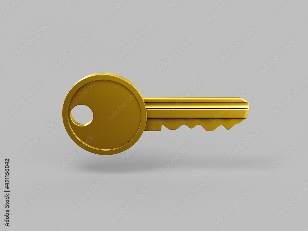 Poster golden single color key on gray monochrome background. minimalistic design object. 3d rendering icon