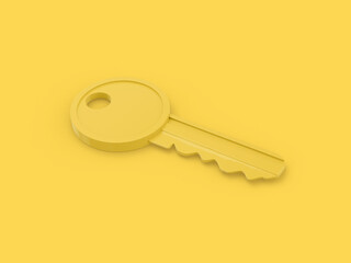 Yellow one color key on surface on yellow flat background. Minimalistic design object. 3d rendering icon ui ux interface element.