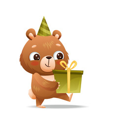 Baby bear with a cap on his head goes to give a gift. Drawn in cartoon style. Vector illustration for designs, prints and patterns. Isolated on white background
