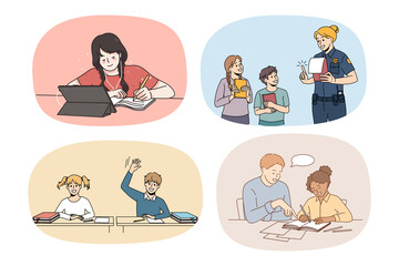 Collection of small teen kids study online at home on lockdown. Set of teenage children learning on gadgets on quarantine indoors. Remote education concept. Flat vector illustration. 