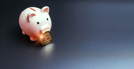 Bitcoin wallet save. Pink pig bank with golden bit coin money BTC on dark background. Saving...