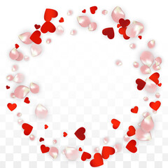 Vector Realistic Petals and Hearts Confetti. Flying Rose and Hearts on Transparent Background. Romantic Love Background.