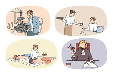 Set of people and occupations or jobs. Collection of men and women professions and careers. Host or producer, waitress, masseuse and juror or attorney. Flat vector illustration. 