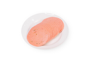 Bologna with chili peppers in a white plate on a white background