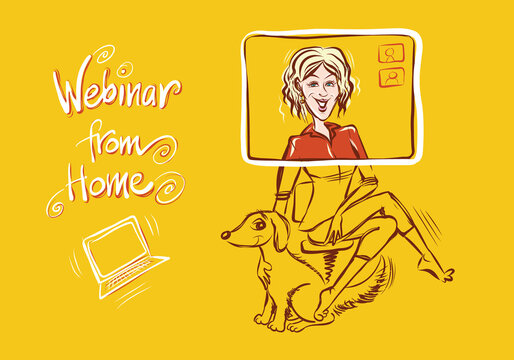 A female doing a webinar from home with her dog on a yellow background